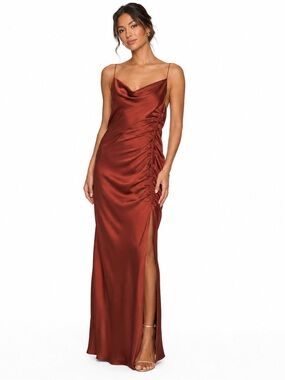 BHLDN Jennings Satin Copper Maxi Dress NWT Ruched Cowl Neck Evening Gown Sz 10